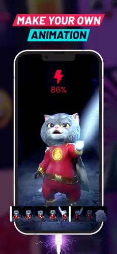 Charging Fun screen with a custom hero cat animation at 86 percent