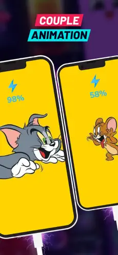 Couple animation: two phones showing Tom and Jerry at 98 and 58 percent